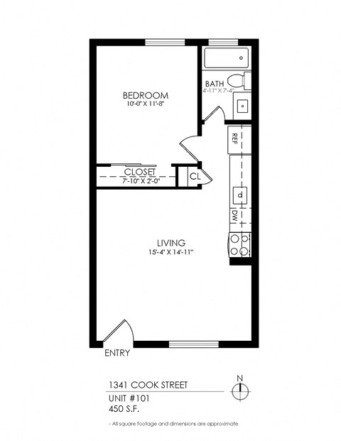 Floor plan for 1 bed, 1 bath, 450 sqft